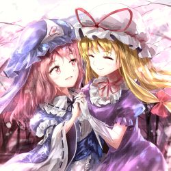 Rule 34 | 2girls, :d, ^ ^, bad id, bad nicoseiga id, blonde hair, blue headwear, bow, choker, closed eyes, dress, foreshortening, gloves, hair bow, hat, hat ribbon, highres, holding hands, interlocked fingers, japanese clothes, kimono, long hair, long sleeves, looking at another, minust, mob cap, multiple girls, neck ribbon, open mouth, pink eyes, pink hair, purple dress, red bow, red ribbon, ribbon, ribbon choker, saigyouji yuyuko, sash, smile, touhou, triangular headpiece, white gloves, white headwear, wide sleeves, yakumo yukari, yuri