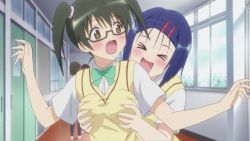 Rule 34 | &gt; &lt;, 2girls, animated, animated gif, blue hair, blush, grabbing another&#039;s breast, breasts, brown hair, closed eyes, glasses, grabbing, green hair, groping, hair ornament, hairclip, indoors, multiple girls, sairenji haruna, sawada mio, school uniform, short hair, small breasts, standing, to love-ru, twintails, upper body