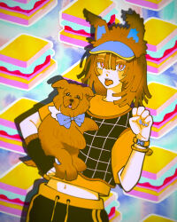 Rule 34 | 1990s (style), 1girl, :p, animal, animal ear headwear, animal ears, arm warmers, black arm warmers, black pants, black vest, blue bow, blue nails, blurry, bow, brown dog, brown hair, brown hat, commentary, cowboy shot, dog, dog ears, fake animal ears, fingernails, food, food-themed background, hair between eyes, hand up, hat, highres, holding, holding animal, inuha dog wave, looking at viewer, medium hair, midriff peek, multicolored background, nail polish, navel, orange shirt, original, pants, paw pose, pink eyes, retro artstyle, shirt, short sleeves, single arm warmer, solo, standing, symbol-only commentary, t-shirt, tongue, tongue out, vest, visor cap, wristband