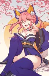 Rule 34 | 1girl, animal ears, breasts, cherry blossoms, cleavage, fate/grand order, fate (series), fox ears, fox shadow puppet, fox tail, hair between eyes, japanese clothes, kimono, long hair, looking at viewer, medium breasts, pink hair, short kimono, smile, solo, tail, tamamo (fate), tamamo no mae (fate/extra), thighhighs, thighs, wide sleeves, xipel, yellow eyes