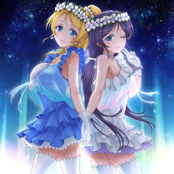 Rule 34 | 10s, 2girls, ayase eli, back-to-back, bad id, bad pixiv id, bare shoulders, black hair, blonde hair, blue dress, blue eyes, breasts, choker, collarbone, dress, earrings, frilled dress, frills, gloves, green eyes, head wreath, high ponytail, holding hands, interlocked fingers, jewelry, layered dress, long hair, looking at viewer, love live!, love live! school idol project, medium breasts, multiple girls, one eye closed, rymerge, see-through, sideboob, sleeveless, sleeveless dress, thighhighs, tojo nozomi, twintails, white dress, white gloves, white legwear, yume no tobira