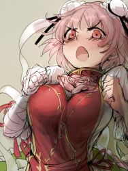 Rule 34 | 1girl, bandages, blush, breasts, double bun, fang, geppewi, ibaraki kasen, large breasts, looking at viewer, open mouth, pink eyes, pink hair, revision, short hair, sketch, solo, touhou