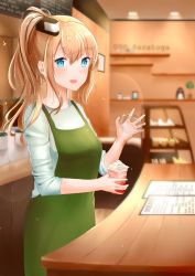 Rule 34 | 1girl, alternate costume, apron, blue eyes, blush, cafe, character name, coffee, counter, countertop, cup, display case, eyes visible through hair, hair between eyes, highres, holding, holding cup, indoors, kantai collection, light smile, long hair, looking at viewer, niko (aiai03012), open mouth, pink hair, saratoga (kancolle), smokestack hair ornament, solo