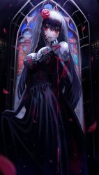 Rule 34 | 1girl, absurdres, black dress, black hair, blood, blood on face, blood stain, blood trail, crown, crying, crying with eyes open, dress, flower, gloves, hair flower, hair ornament, highres, original, poise, red eyes, rose, slit pupils, solo, tears, vampire, veil