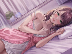 Rule 34 | 1girl, babydoll, bare shoulders, blush, breasts, brown hair, camisole, cleavage, collarbone, commentary request, green eyes, highres, large breasts, looking at viewer, lying, on bed, on side, open mouth, original, pillow, pink babydoll, sakamuke, short hair, smile, solo, swept bangs, white camisole