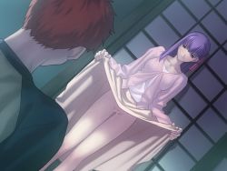 Rule 34 | 1boy, 1girl, cleft of venus, fate/stay night, fate (series), game cg, lifting own clothes, long hair, matou sakura, pussy, pussy juice, takeuchi takashi, third-party edit