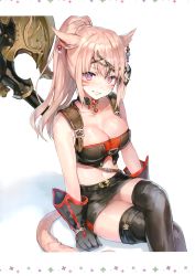 Rule 34 | 1girl, absurdres, animal ears, arm support, bare shoulders, black gloves, black skirt, black thighhighs, bow, breasts, cat ears, cat tail, choker, cleavage, collarbone, crop top, crossed legs, earrings, facial mark, final fantasy, final fantasy xiv, gloves, grin, hair bow, hair ornament, highres, jewelry, large breasts, lips, long hair, miniskirt, miqo&#039;te, momoko (momopoco), off shoulder, parted lips, pink hair, ponytail, purple eyes, scan, shiny skin, simple background, sitting, skirt, sleeveless, slit pupils, smile, solo, tail, thighhighs, thighs, warrior (final fantasy)