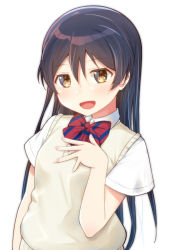 Rule 34 | 1girl, blue hair, blush, bow, bowtie, commentary request, hair between eyes, hand up, long hair, looking at viewer, love live!, love live! school idol project, open mouth, otonokizaka school uniform, red bow, red bowtie, school uniform, short sleeves, simple background, skull573, smile, solo, sonoda umi, striped bow, striped bowtie, striped clothes, summer uniform, white background, yellow eyes