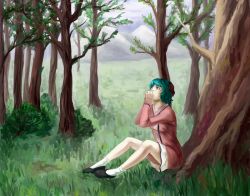 Rule 34 | 1girl, aqua hair, cupping hands, grass, green eyes, image sample, kasodani kyouko, mountain, nature, neonparrot, own hands together, shouting, touhou, tree