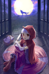 Rule 34 | 1girl, basket, big bad wolf, boots, cape, dress, elbow gloves, full moon, gloves, grimm&#039;s fairy tales, knife, little red riding hood, little red riding hood (grimm), moon, original, red eyes, silver hair, sitting, solo, uni (plastic girl), wolf