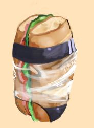 Rule 34 | commentary, english commentary, food, food focus, gris swimsuit, luny, meme attire, no humans, one-piece swimsuit, original, parody, sandwich, see-through swimsuit, sketch, swimsuit, yellow background