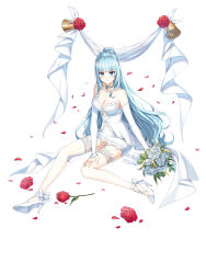 Rule 34 | 1girl, ankle bow, ankle ribbon, banner, bare shoulders, bell, blue eyes, blue hair, blunt bangs, blush, bouquet, bow, braid, breasts, bridal gauntlets, cleavage, closed mouth, closers, clothing cutout, collarbone, dress, falling petals, flower, french braid, full body, hair bow, hand on own thigh, high heels, highres, holding, holding bouquet, lace, lace-trimmed dress, lace-trimmed thighhighs, lace trim, large breasts, leg ribbon, long hair, looking at viewer, official art, pencil dress, petals, ponytail, red flower, red rose, ribbon, rose, see-through, see-through cleavage, short dress, sidelocks, sitting, sleeveless, sleeveless dress, smile, solo, tachi-e, thigh strap, thighhighs, underboob cutout, very long hair, violet (closers), wedding dress, white background, white bow, white bridal gauntlets, white dress, white flower, white footwear, white rose, white thighhighs, yokozuwari