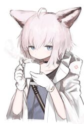 Rule 34 | 1girl, absurdres, ahoge, animal ears, arknights, black choker, blue eyes, choker, closed mouth, coat, commentary request, cup, fox ears, gloves, grey hair, grey jacket, hands up, highres, holding, holding cup, hood, hood down, ic (iccccccccc81), jacket, looking at viewer, mug, open clothes, open coat, short hair, simple background, solo, steam, strap, sussurro (arknights), upper body, white background, white coat, white gloves