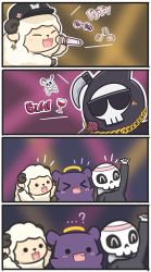 Rule 34 | &gt; &lt;, ...?, 4koma, absurdres, baseball cap, chain, chibi, comic, commentary, deadbeat (calliope mori), death-sensei (mori calliope), earrings, english commentary, fang, gold chain, halo, hat, headband, highres, hololive, hololive english, horns, jewelry, microphone, mpien, octopus, open mouth, scythe, sheep, sheep horns, silent comic, skeleton, skull, sunglasses, virtual youtuber, watamate
