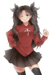 Rule 34 | 1girl, black thighhighs, brown hair, fate/stay night, fate (series), gem, green eyes, hair ribbon, long hair, one eye closed, ribbon, sharlorc, solo, thighhighs, tohsaka rin, two side up, wink