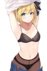 Rule 34 | 1girl, absurdres, armpits, arms up, black bra, black panties, black pantyhose, black ribbon, blonde hair, blue skirt, bob cut, bow, bow bra, bow panties, bra, breasts, clothes lift, clothes pull, cowboy shot, green eyes, hair ribbon, highres, lifted by self, looking at viewer, navel, open clothes, open skirt, original, panties, pantyhose, parted lips, pleated skirt, ribbon, salve (lindasakura), school uniform, shirt, shirt lift, short hair, simple background, skirt, skirt pull, small breasts, solo, standing, underwear, undressing, white background, white shirt