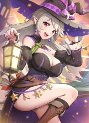 Rule 34 | 1girl, belt, boots, breasts, brown footwear, building, cleavage, collar, corrin (female) (fire emblem), corrin (female) (halloween) (fire emblem), corrin (fire emblem), detached collar, detached sleeves, dress, earrings, fire emblem, fire emblem fates, fire emblem heroes, gonzarez, grey hair, halloween, halloween costume, hand on headwear, hat, highres, holding, holding lantern, jewelry, knee up, lantern, large breasts, long hair, looking at viewer, nail polish, nintendo, official alternate costume, open mouth, pointy ears, purple dress, red eyes, ribbon, solo, star (symbol), thighs, twilight, witch hat