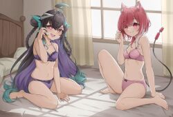 2girls ahoge animal_ear_fluff animal_ears belly bow bra braid breasts cat_ears cat_girl closed_mouth commission fang flat_chest frills gloves hair_ornament highres long_hair looking_at_viewer lyko_lianna multicolored_hair multiple_girls navel open_mouth panties pink_bra pink_eyes pink_panties purple_bra purple_panties red_eyes red_hair ribbon short_hair sitting small_breasts syarrchan tail terra_404 thighs twin_braids twintails underwear underwear_only v4mirai virtual_youtuber