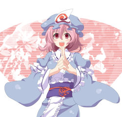 Rule 34 | 1girl, :d, be (o-hoho), blush, excited, female focus, own hands clasped, happy, hat, japanese clothes, obi, open mouth, own hands together, pink eyes, pink hair, pointing, saigyouji yuyuko, sash, short hair, smile, solo, touhou