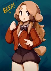 Rule 34 | 1girl, beep (sheepiu), black bow, black bowtie, blue eyes, borrowed character, bow, bowtie, brown hair, brown horns, d-floe, hand up, highres, horns, jacket, long hair, looking at viewer, original, parted lips, red jacket, shadow, shirt, solo, white shirt