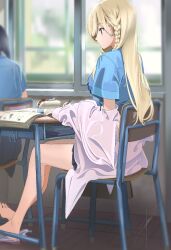 Rule 34 | 2girls, barefoot, blonde hair, blue eyes, blue shirt, blurry, blurry background, book, braid, breasts, chair, classroom, closed mouth, commentary request, desk, earrings, eraser, feet, fingernails, from side, highres, holding, holding pencil, indoors, jacket, jacket partially removed, jewelry, legs, mechanical pencil, medium breasts, multiple girls, nail polish, no socks, off shoulder, on chair, open book, original, pencil, pencil case, pink jacket, pink nails, poligon (046), profile, school chair, school desk, school uniform, shirt, shoes, short sleeves, signature, single braid, sitting, solo focus, toenails, toes, uwabaki, window
