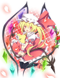 Rule 34 | 1girl, bad id, bad pixiv id, black thighhighs, blonde hair, embodiment of scarlet devil, fang, female focus, flandre scarlet, flower, hat, heart, heart wings, kurono yuzuko, laevatein, long hair, looking at viewer, open mouth, plaid, plaid background, red eyes, rose, side ponytail, solo, thighhighs, touhou, v arms, wings, wrist cuffs, yuuko (pixiv)