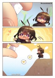 Rule 34 | 1girl, 1other, ant girl, antenna hair, blush, brown eyes, brown hair, chibi, comic, commentary request, gradient eyes, happy, harumina mau, heart, highres, mini person, minigirl, multicolored eyes, open mouth, original, outstretched arms, personification, romaji text, running, sand, short hair, silent comic, size difference, spoken heart, sugar cube, translated, twitter username