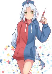 Rule 34 | 1girl, alternate costume, arm behind back, arm up, blush, braid, braided ponytail, bright pupils, contrapposto, cowboy shot, drawstring, forehead, hat, highres, holding, holding syringe, hood, hood down, hoodie, long hair, looking at viewer, mizune (winter), multicolored clothes, multicolored hoodie, nurse cap, parted bangs, ponytail, silver hair, smile, solo, syringe, touhou, very long hair, white background, white pupils, yagokoro eirin, yellow eyes