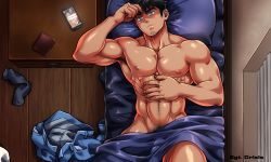 Rule 34 | 1boy, abs, artist name, bara, bed, bed sheet, black hair, blue eyes, closed mouth, facial hair, hand on own chest, highres, large pectorals, lying, male focus, muscular, muscular male, naked sheet, navel, nipples, nude, on back, on bed, original, pectorals, phone, pillow, sgt crisis, short hair, solo, stubble, under covers