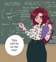 Rule 34 | 1girl, blush, book, chalkboard, english text, heart, heart-shaped pupils, highres, looking at viewer, notsafeforwee, open mouth, penis size difference, red hair, smile, solo, speech bubble, standing, sweat, symbol-shaped pupils, teacher