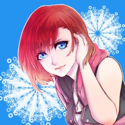 Rule 34 | 1girl, blue eyes, breasts, closed mouth, highres, hood, jewelry, kairi (kingdom hearts), kingdom hearts, kingdom hearts iii, looking at viewer, medium hair, necklace, pomegranate666, red hair, sleeveless, smile, solo