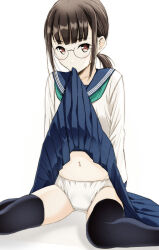Rule 34 | 1girl, absurdres, black eyes, black hair, black thighhighs, blue sailor collar, blue skirt, clothes in mouth, clothes lift, commentary, crotch seam, glasses, green neckerchief, highres, lifted by self, long sleeves, looking at viewer, medium hair, medium skirt, moonsorrow, mouth hold, navel, neckerchief, original, panties, pleated skirt, revision, rimless eyewear, round eyewear, sailor collar, school uniform, serafuku, shirt, short ponytail, sitting, skirt, skirt in mouth, skirt lift, solo, thighhighs, underwear, wariza, white panties, white shirt