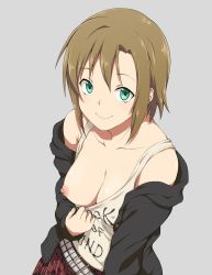 Rule 34 | 10s, 1girl, breast slip, breasts, breasts out, brown hair, clothes pull, clothes writing, collarbone, green eyes, highres, idolmaster, idolmaster cinderella girls, nipples, one breast out, shirt pull, solo, tada riina, yozo (stanky)