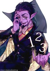 Rule 34 | 1boy, animification, artist name, bow, bowtie, cape, cioccolatodorima, colored skin, commentary, count von count, english commentary, facial hair, fangs, fingernails, formal, goatee, hair slicked back, high collar, long fingernails, male focus, monocle, pointy ears, pointy nose, purple skin, sesame street, sharp fingernails, simple background, sitting, solo, suit, white background, white bow, white bowtie