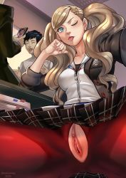 Rule 34 | ;p, blonde hair, blue eyes, clitoris, clothes pull, one eye closed, persona, persona 5, pleated skirt, pussy, pussy cutout, school uniform, shuujin academy school uniform, skirt, skirt pull, takamaki anne, thighhighs, tongue, tongue out, twintails, uncensored, urethra