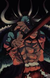 Rule 34 | 1boy, abs, alternate form, armlet, arms up, beard, black hair, cape, clenched hands, club (weapon), colored skin, curled horns, dragon boy, dragon horns, facial hair, fighting stance, fingernails, fur cape, highres, holding, holding weapon, horns, kaidou (one piece), long hair, looking at viewer, male focus, multicolored skin, multiple horns, muscular, muscular male, mustache, one piece, outstretched arms, rope, scales, scar, scar on stomach, sharp fingernails, shimenawa, solo, spiked armlet, spikes, stomach, taoru (taoru0239), topless male, upper body, weapon, white horns