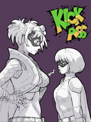 Rule 34 | 2girls, :t, arrow (symbol), bad id, bad pixiv id, breast envy, breasts, cape, copyright name, dracul, goggles, goggles on head, height difference, highres, hit-girl, kick-ass, large breasts, line of sight, looking at breasts, mask, mindy macready, monochrome, multiple girls, night-bitch, pout, purple background, short hair, short twintails, sight arrow, simple background, small breasts, superhero costume, twintails