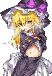 Rule 34 | 1girl, bad id, bad twitter id, black gloves, black jacket, blonde hair, blush, bow, braid, breath, buttons, clenched hand, clothes lift, color drain, commentary request, cowboy shot, eyes visible through hair, gloves, hat, hat bow, hot, jacket, jacket lift, kirisame marisa, long hair, looking at viewer, manarou, navel, open mouth, purple bow, shy, side braid, simple background, single braid, skirt, solo, standing, stomach, sweat, touhou, undershirt, white background, white skirt, witch hat