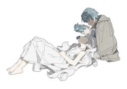 Rule 34 | 1boy, 1girl, aged down, bare arms, bare shoulders, barefoot, blue hair, child, cloak, dress, earrings, elf, flower wreath, frieren, from side, grey cloak, hand on own stomach, hetero, himmel (sousou no frieren), holding, hood, hood down, hooded cloak, jewelry, knees up, lap pillow, long hair, long sleeves, looking at another, looking down, lying, ma fu, mouth hold, on back, pointy ears, profile, short hair, simple background, sketch, sleeveless, sleeveless dress, sousou no frieren, sundress, white background, wide sleeves