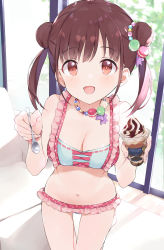 Rule 34 | 1girl, absurdres, bikini, bracelet, breasts, brown hair, collarbone, couch, food, frilled bikini, frills, highres, ice cream, idolmaster, idolmaster shiny colors, indoors, jewelry, large breasts, looking at viewer, midriff, monon tulle, navel, necklace, open mouth, red eyes, short hair, sleeveless, solo, sonoda chiyoko, spoon, swimsuit, window