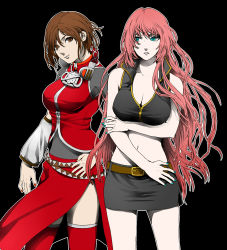 Rule 34 | 2girls, black background, blue nails, breasts, brown eyes, cleavage, cosplay, costume switch, hand on own hip, highres, holding own arm, large breasts, long hair, looking at viewer, looking to the side, medium breasts, megurine luka, meiko (vocaloid), meriko, midriff, multiple girls, nail polish, navel, parted lips, red nails, short hair, very long hair, vocaloid
