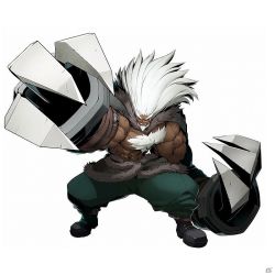 Rule 34 | 1boy, bare pectorals, blazblue, blazblue: cross tag battle, chest hair, claw (weapon), giant, male focus, muscular, official art, pectorals, red eyes, topless male, solo, under night in-birth, waldstein, weapon, white hair