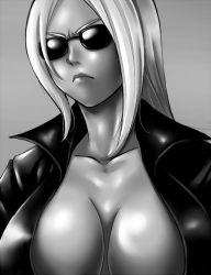 Rule 34 | &gt;:&lt;, 1girl, :&lt;, blonde hair, breasts, catsuit, center opening, cleavage, closed mouth, death by degrees, greyscale, large breasts, monochrome, nina williams, no bra, pleasure-treasure, scowl, shiny skin, solo, sunglasses, tekken, tinted eyewear, upper body, v-shaped eyebrows