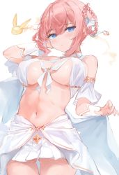 Rule 34 | 1girl, 7gao, arm up, bare shoulders, blue eyes, breasts, cleavage, closed mouth, cowboy shot, highres, large breasts, midriff, miniskirt, navel, pink hair, pleated skirt, princess connect!, revealing clothes, simple background, skirt, solo, standing, stomach, wedding, white background, white skirt, yui (ceremonial) (princess connect!), yui (princess connect!)