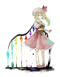 Rule 34 | 1girl, ascot, blonde hair, bow, closed mouth, crystal, flandre scarlet, frills, full body, hat, hat bow, hat ribbon, highres, holding, looking at viewer, medium hair, mob cap, puffy sleeves, red eyes, red skirt, ribbon, sano naoi, shirt, shoes, short hair, short sleeves, side ponytail, simple background, skirt, skirt set, solo, standing, stuffed animal, stuffed toy, teddy bear, touhou, toy, white background, white shirt, wings, yellow ascot