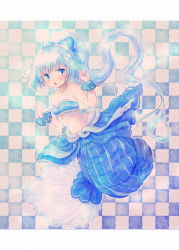 Rule 34 | 1girl, :o, absurdres, bad id, bad pixiv id, bandeau, bare shoulders, blue bow, blue eyes, blue hair, blue skirt, blue theme, bow, checkered background, collarbone, flower knight girl, frills, full body, hair bow, highres, long hair, looking at viewer, midriff, navel, nerine (flower knight girl), nonisakuwana, open mouth, ponytail, skirt, solo, w arms, wrist cuffs