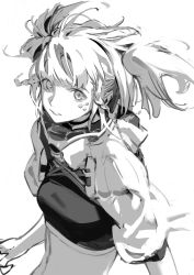 Rule 34 | 1girl, absurdres, braid, breasts, choker, crop top, facial mark, floating hair, greyscale, highres, looking at viewer, monochrome, naji yanagida, original, short sleeves, shrug (clothing), side braid, simple background, sketch, small breasts, solo, twin braids, twintails, upper body
