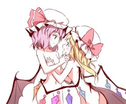 Rule 34 | 2girls, :o, bat wings, blonde hair, blush, bow, breasts, collarbone, commentary request, cowboy shot, crystal, eye contact, female focus, flandre scarlet, hair between eyes, hat, hat bow, hat ribbon, incest, korean commentary, light purple hair, long hair, looking at another, looking up, minust, mob cap, multiple girls, navel, nude, parted lips, pink bow, pink ribbon, profile, red eyes, remilia scarlet, ribbon, short hair, siblings, simple background, sisters, small breasts, smile, standing, stomach, touhou, white background, white headwear, wings, yuri