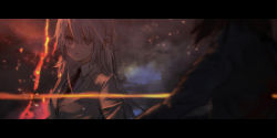 Rule 34 | 1girl, 1other, blurry, blurry background, blurry foreground, character request, collared shirt, grey eyes, grey shirt, hair between eyes, highres, katann, letterboxed, long hair, long sleeves, looking at another, looking at viewer, medium hair, messy hair, necktie, parted lips, pixiv fantasia, pixiv fantasia last saga, shirt, sidelocks, upper body, white hair