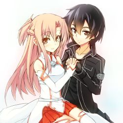 Rule 34 | 10s, 1boy, 1girl, androgynous, armor, asuna (sao), bad id, bad pixiv id, bare shoulders, black hair, blush, breastplate, brown eyes, brown hair, couple, detached sleeves, hetero, holding hands, kirito, long hair, looking at viewer, nahu, skirt, smile, sword art online, thighhighs, white background, white thighhighs